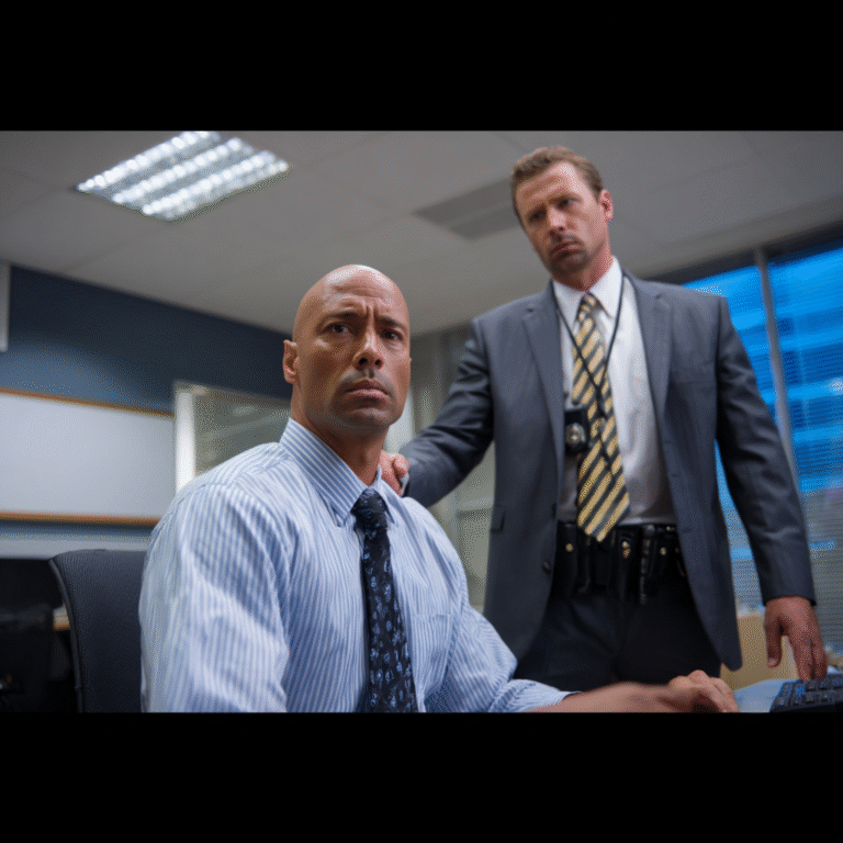 Two men in a corporate setting, one in a blue dress shirt with a concerned expression and the other in a suit with a badge, discussing employee termination security measures for Mayer Security Services.
