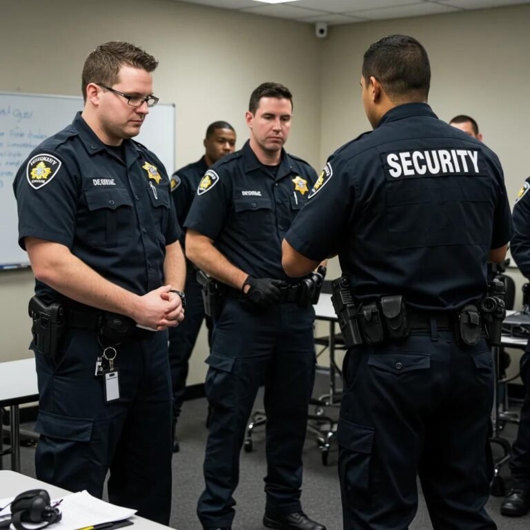 Security personnel in training, focusing on de-escalation and emergency response techniques, in a classroom setting for Mayer Security Services.