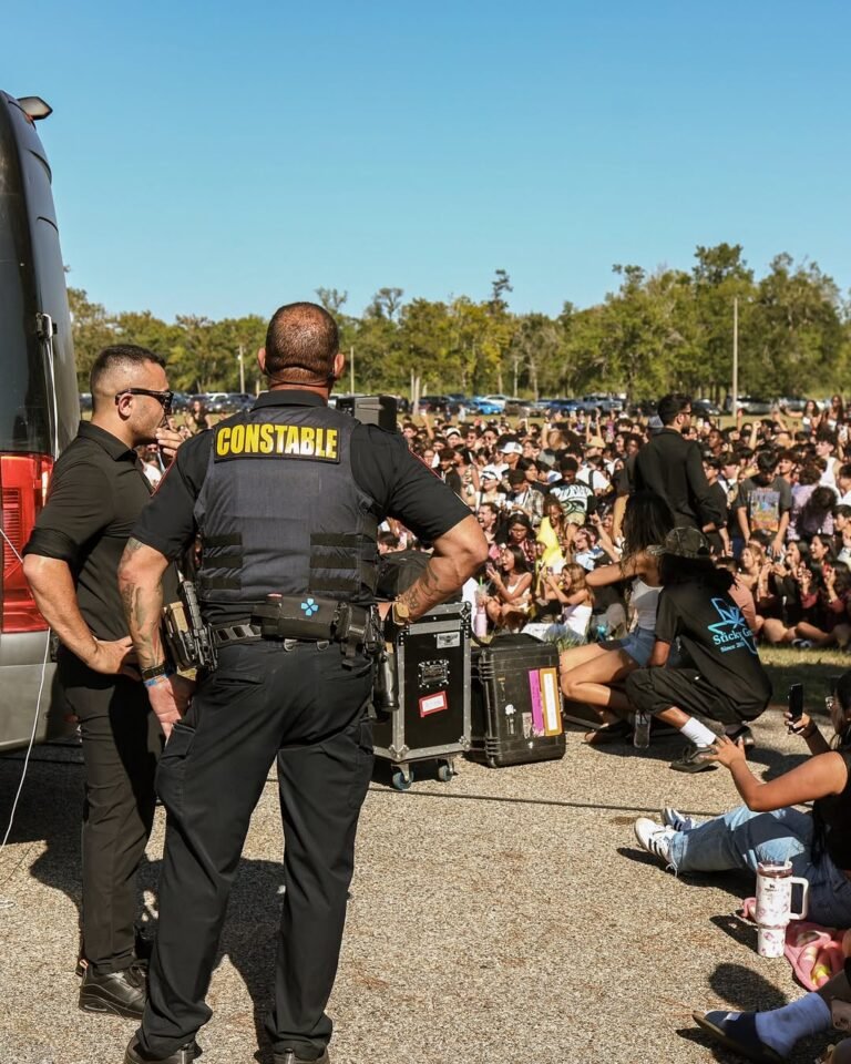 Security personnel overseeing a concert crowd, featuring a constable in uniform and a private security guard, ensuring safety at a public event.