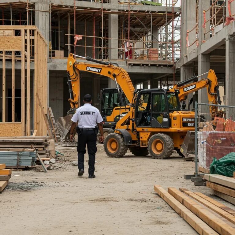 Security guard monitoring a Houston construction site with heavy machinery and building materials visible.