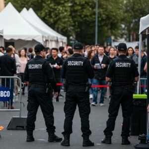 Security personnel managing crowd control at an outdoor event for Mayer Security Services, ensuring safety and order among attendees.