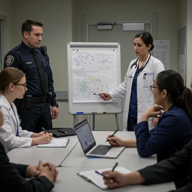 Security training session focused on workplace violence prevention in healthcare, featuring a police officer and healthcare professionals discussing strategies at a table with a presentation board.