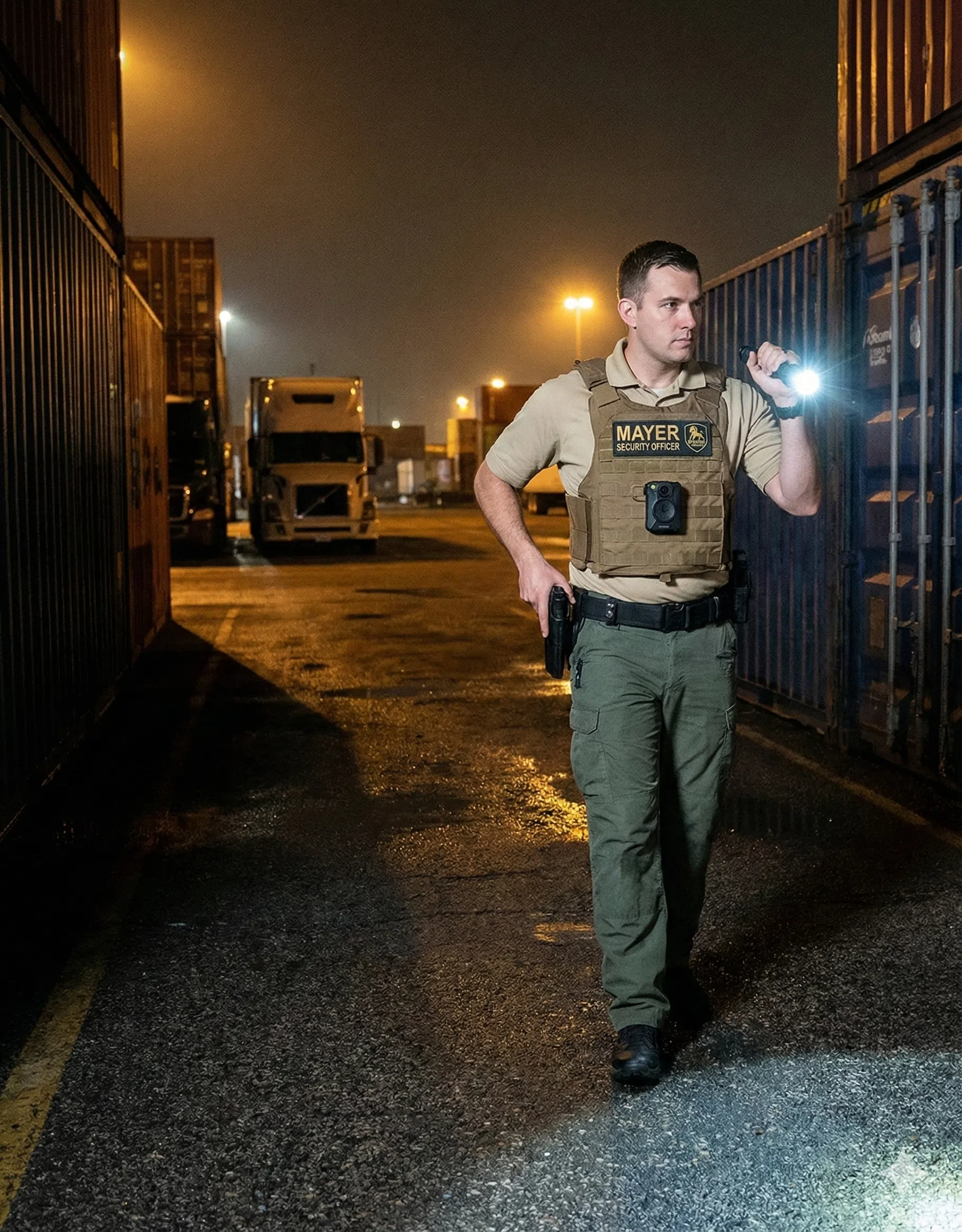 Nighttime security coverage in a shipping yard protecting trailers, cargo, and perimeter access in Texas.