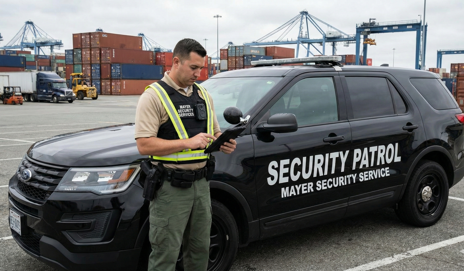 Security officers protecting a distribution center and shipping yard with trailers and controlled access points.