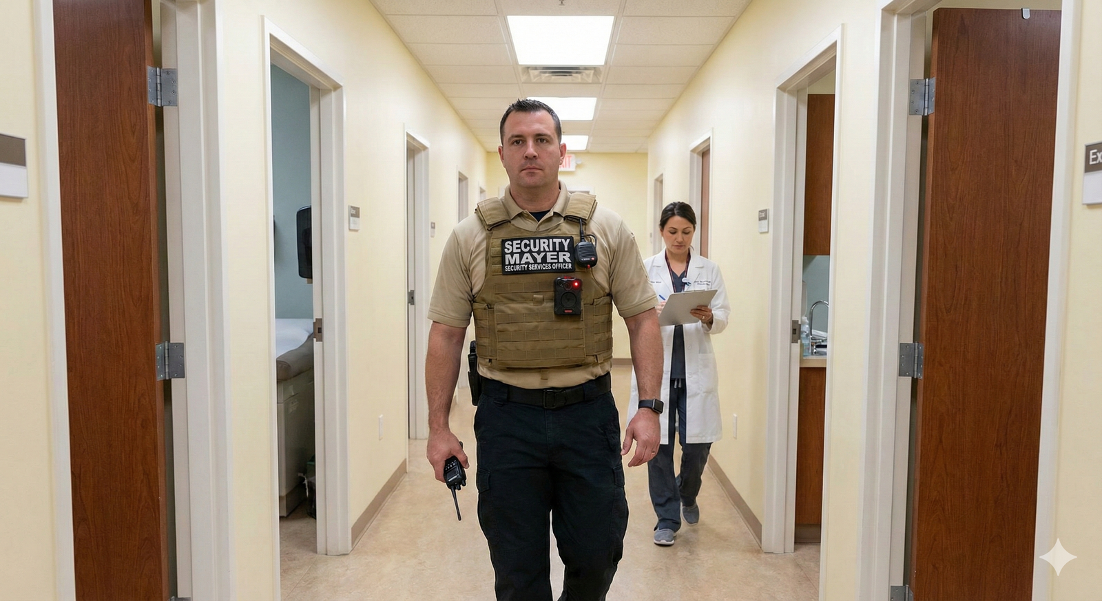 Mayer Security officer patrolling hospital hallway with medical staff
