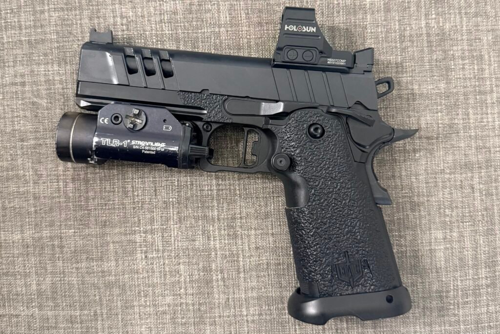 MAC DS-9 Duty 4.25 with Holosun 507 Comp red dot, Streamlight TLR-1 weapon light, and Handle It adhesive grip tape