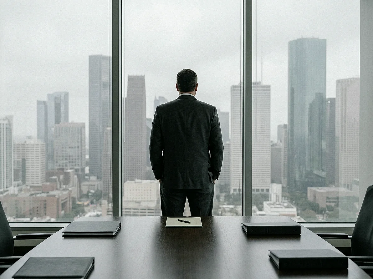 Executive at a boardroom window overlooking the downtown Houston skyline