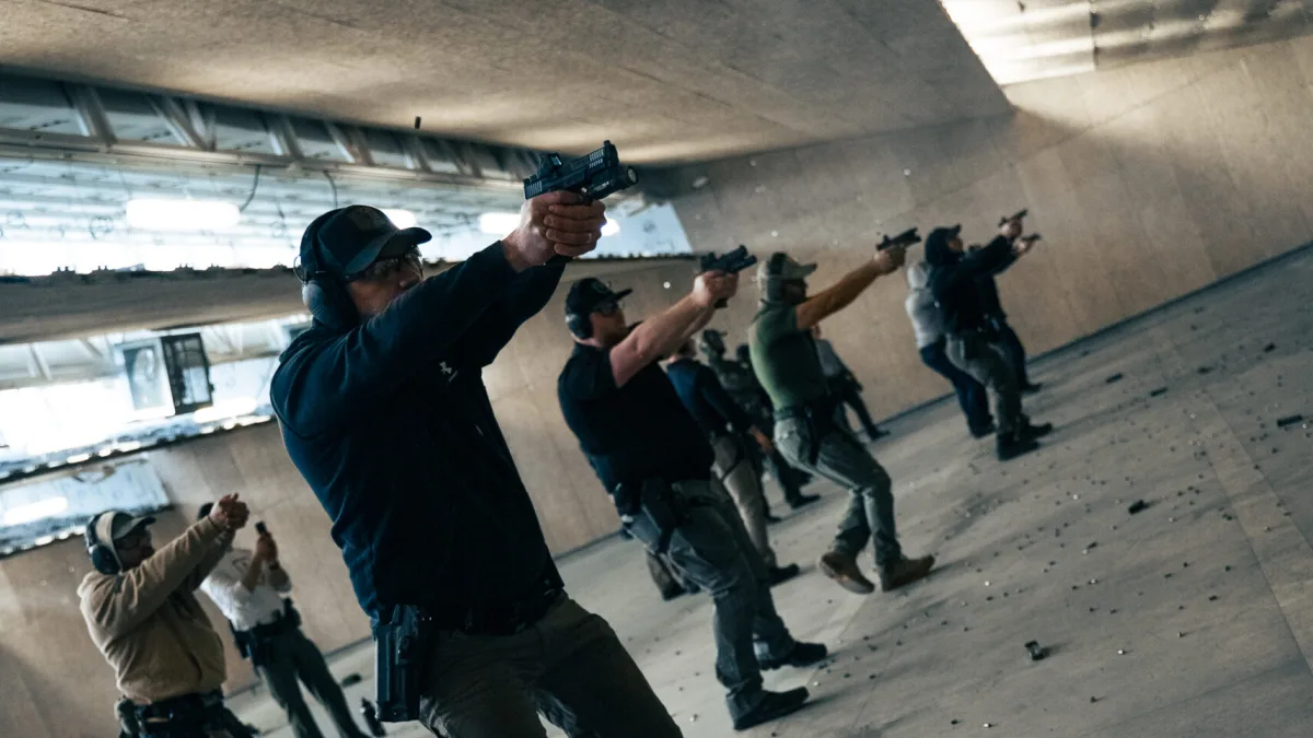 Mayer Security officer running a pistol drill during Texas firearms training