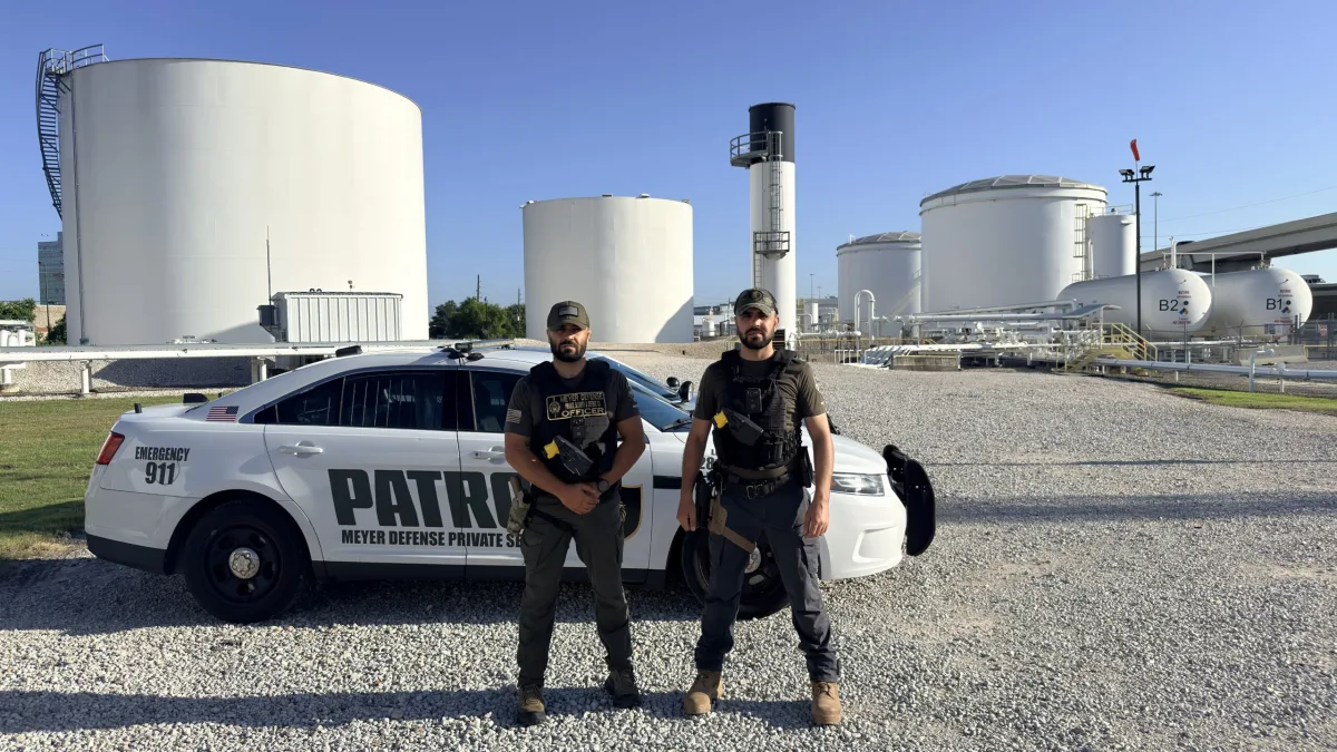 Mayer Security commissioned officer on armed patrol at a Houston industrial tank farm