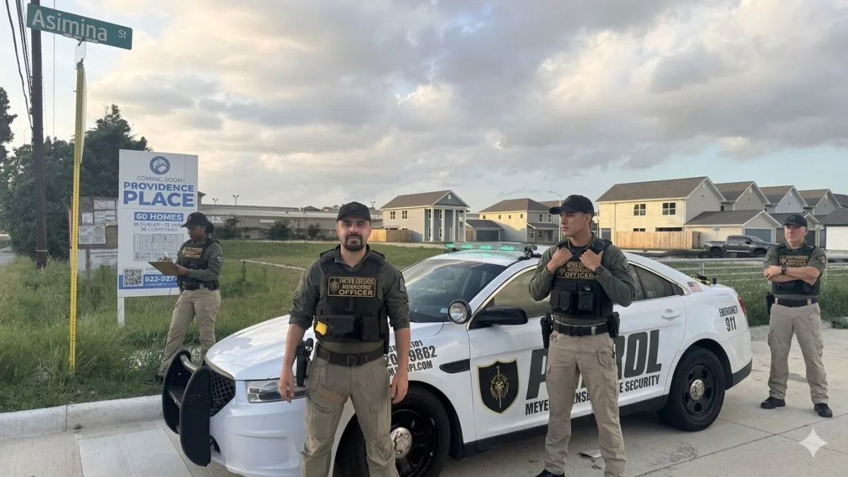 Uniformed Mayer Security officers with a marked patrol vehicle in Texas