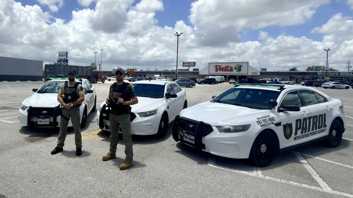 Mayer Security marked patrol fleet staged at a Texas commercial property