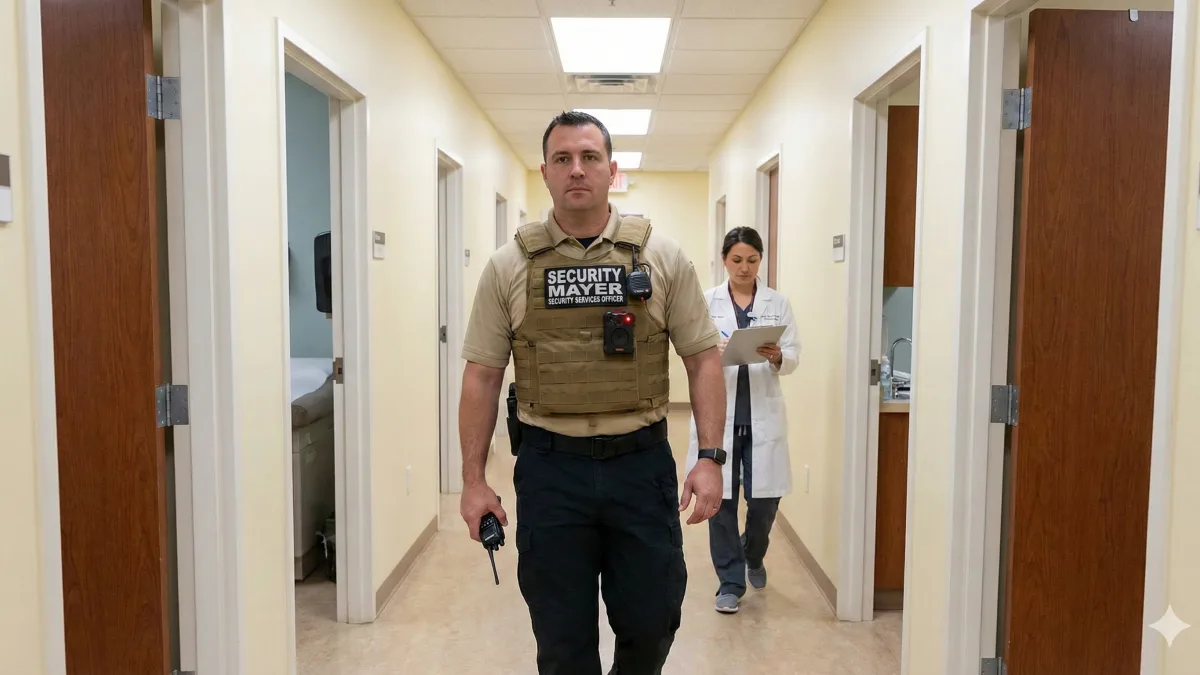 Mayer Security officer on duty in a hospital corridor